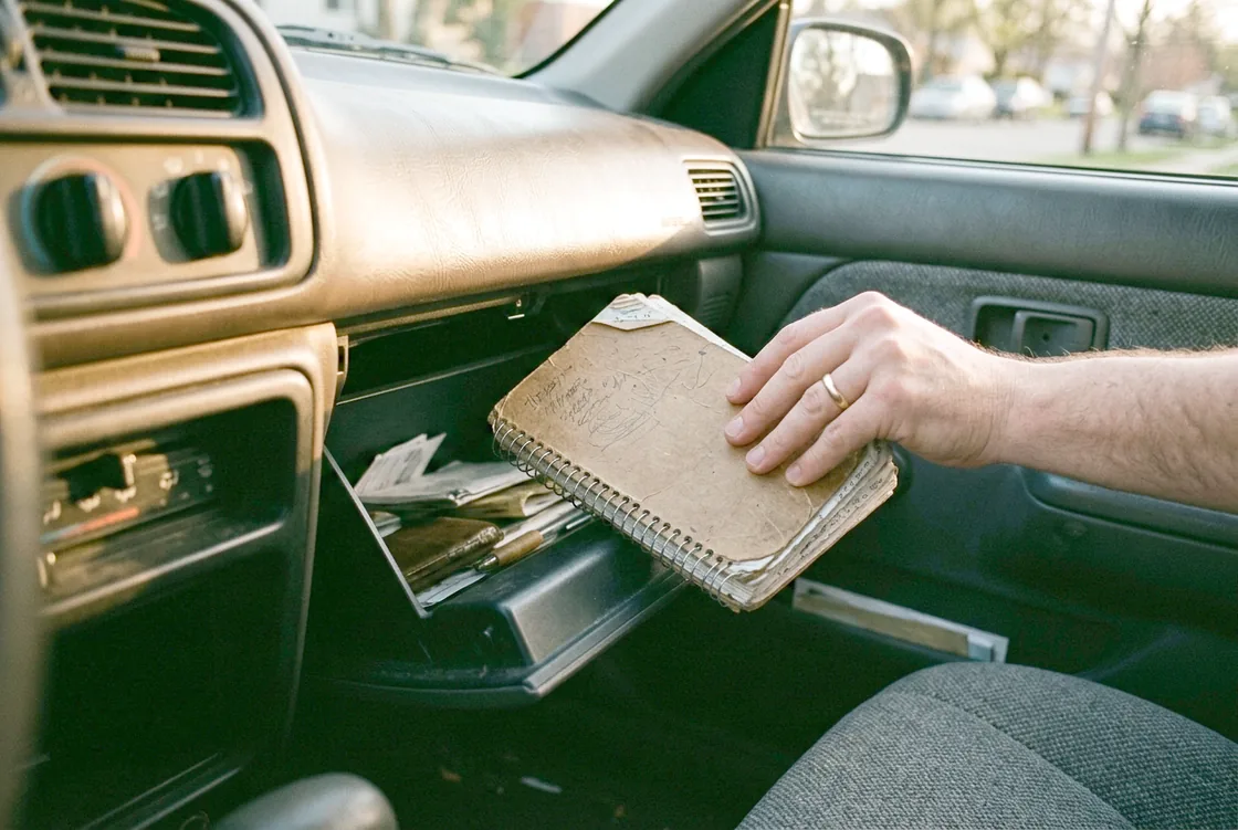 A hand tucking a small spiral notebook back into an open car glovebox, the dashboard warm in low afternoon sun.
