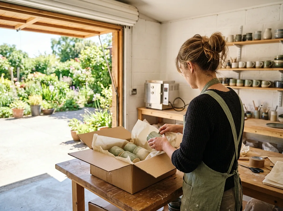 A ceramicist in a bright garage studio open to a sunny garden, seen from behind, packing sage-green handmade mugs into a shipping box on a wooden workbench, with shelves of pottery and a small kiln behind.