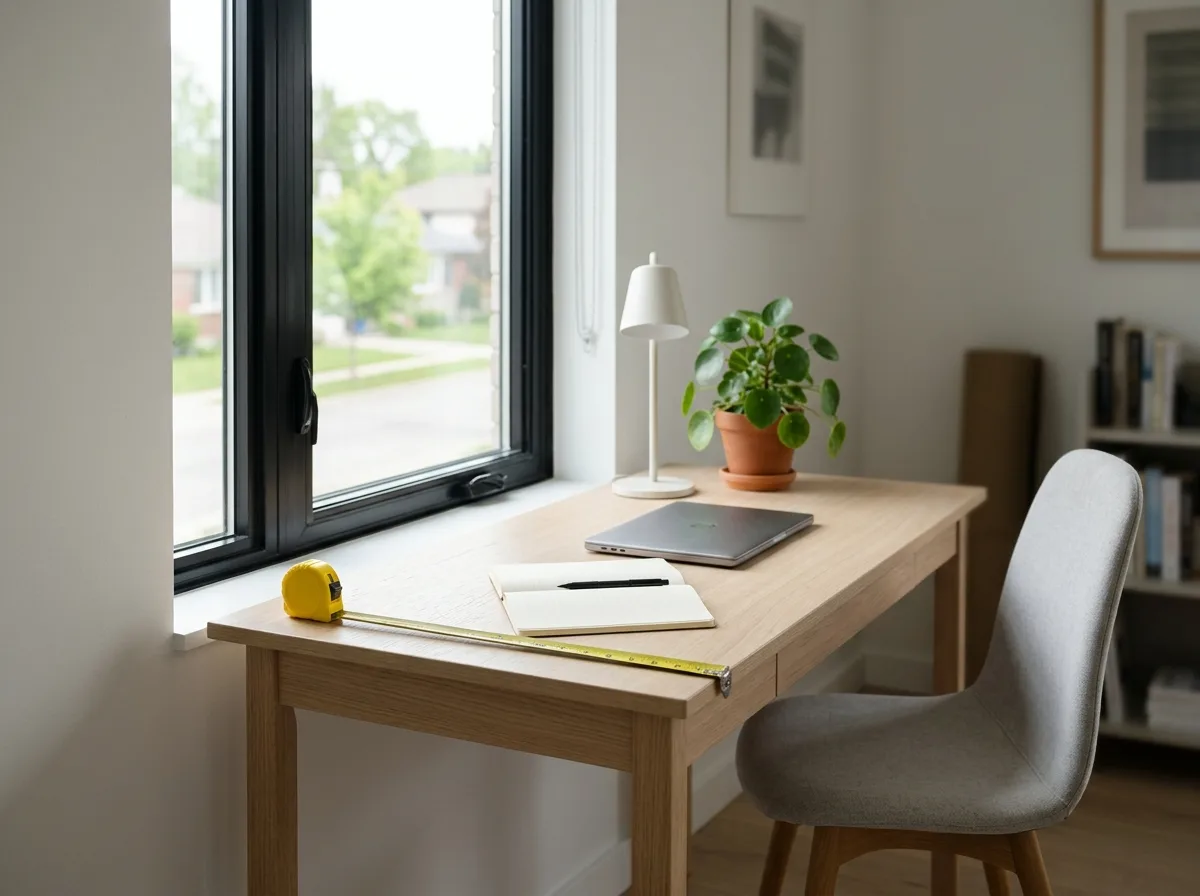 A bright corner of a small apartment set up only as a workspace: a white oak desk with a closed laptop and a notebook, a task lamp, a plant and a tape measure lying on the desk, daylight through a tall window.