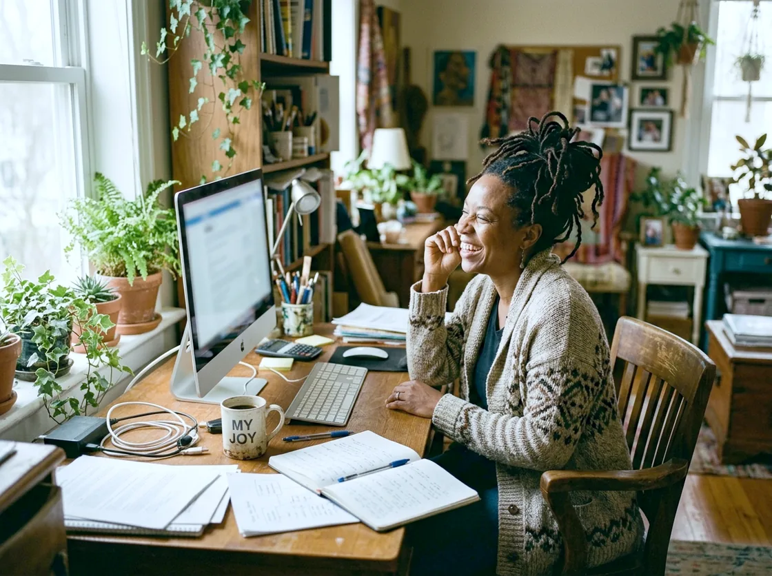 A woman laughing at her desk in a plant-filled home office, laptop open, afternoon light across the room.