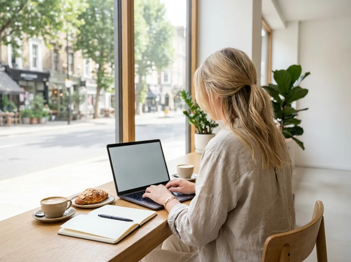 A freelance copywriter at a sunny café window table, seen from behind, typing on a laptop beside an open notebook, a croissant and a cup of coffee.