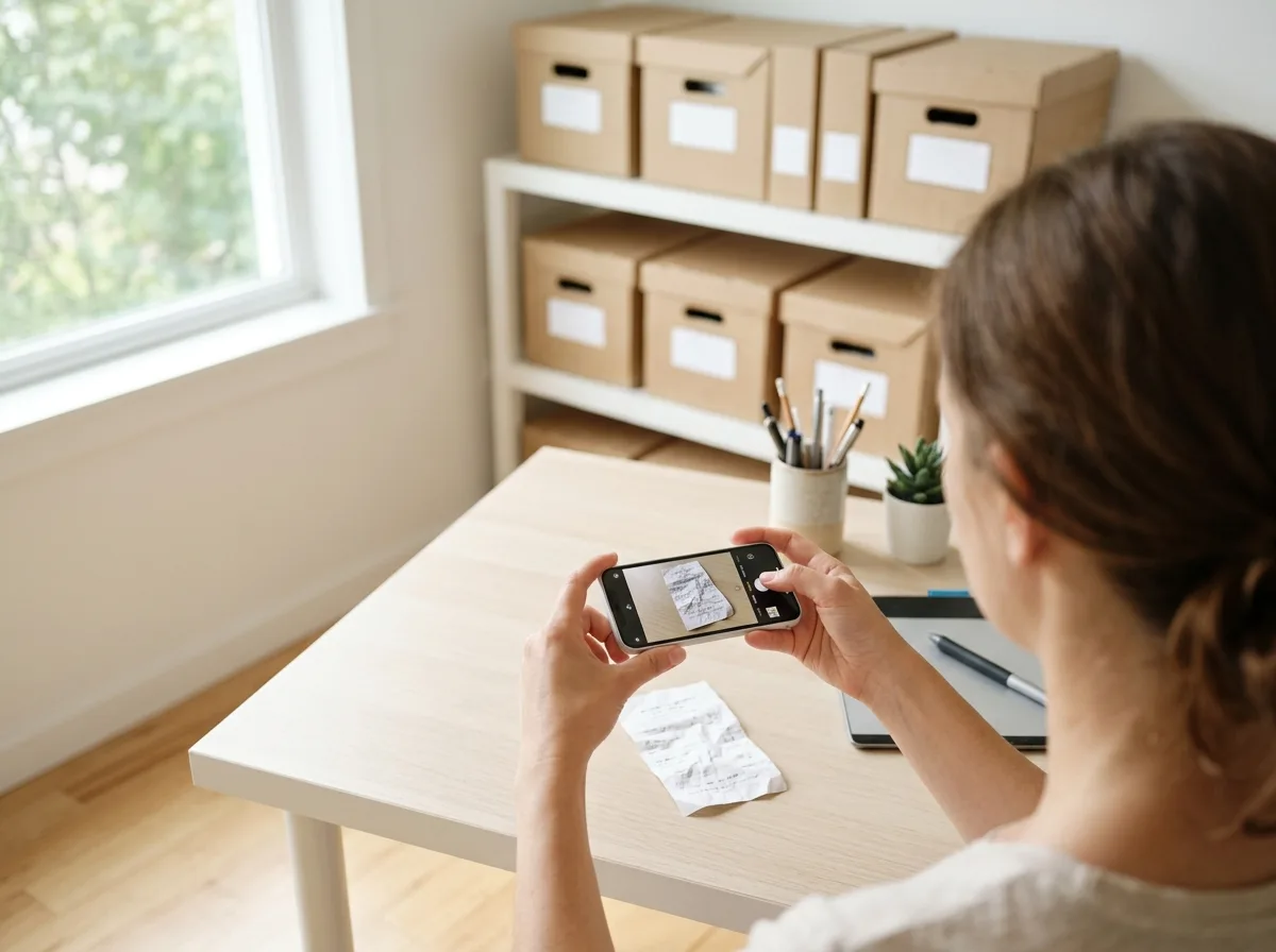 A freelancer in a bright home studio, seen over the shoulder, photographing a crumpled paper receipt with a phone on a light wood desk, with archive boxes on a shelf behind.