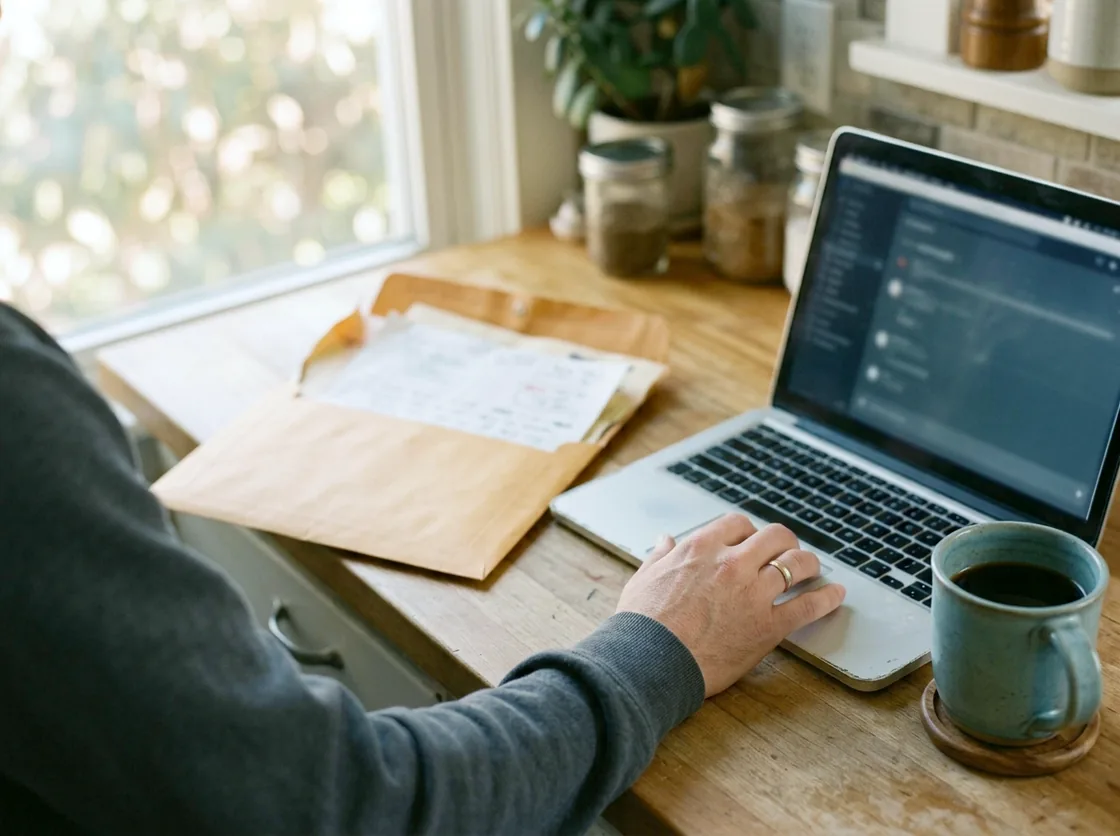 Looking down over someone's shoulder at a laptop, a coffee mug and an opened envelope on a kitchen counter in morning light, one hand resting on the trackpad.