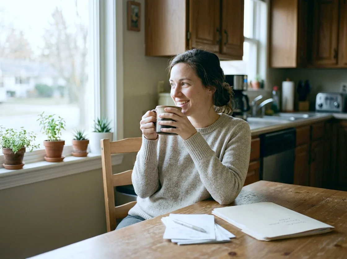 A woman at a kitchen table with a mug and a stack of paperwork, looking out of the window.