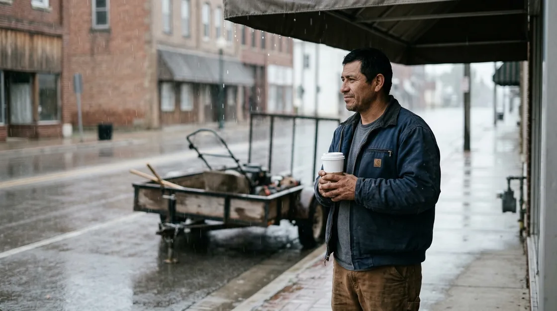 A landscaper in his thirties in work clothes standing under a shop awning on a rainy morning, holding a coffee, watching the rain with a wry, patient expression, his plain unbranded trailer of equipment blurred at the curb.