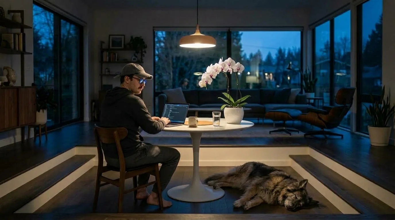 A man working on a laptop at a round white table in a dark open-plan living room before dawn, a single pendant light overhead, a dog asleep on the floor behind him.