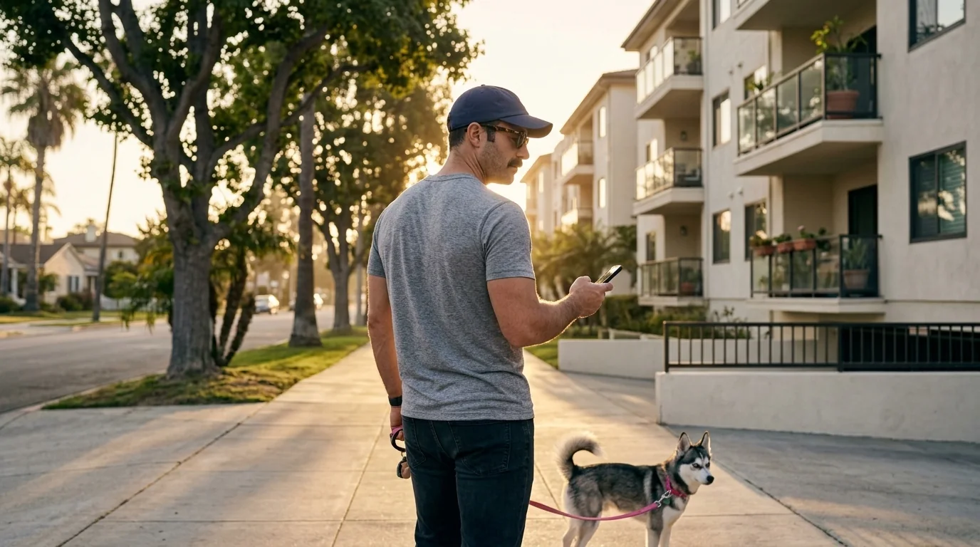 A man in a gray t-shirt, dad hat and tortoiseshell sunglasses walking a small Alaskan Klee Kai on a tree-lined Huntington Beach street in early morning light, glancing at his phone as he walks.