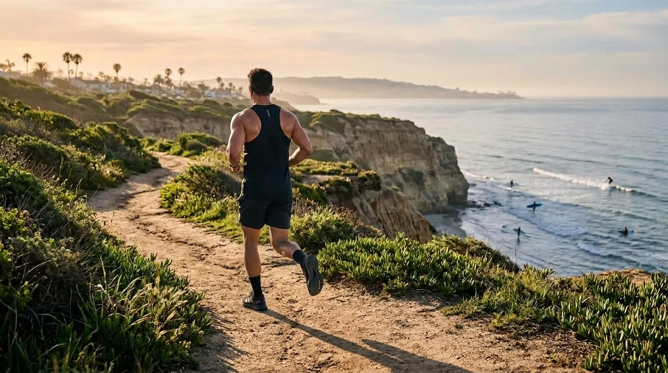 A lone runner seen from behind on a dirt bluff trail above the Pacific in Encinitas at sunrise, surfers waiting in the water below.