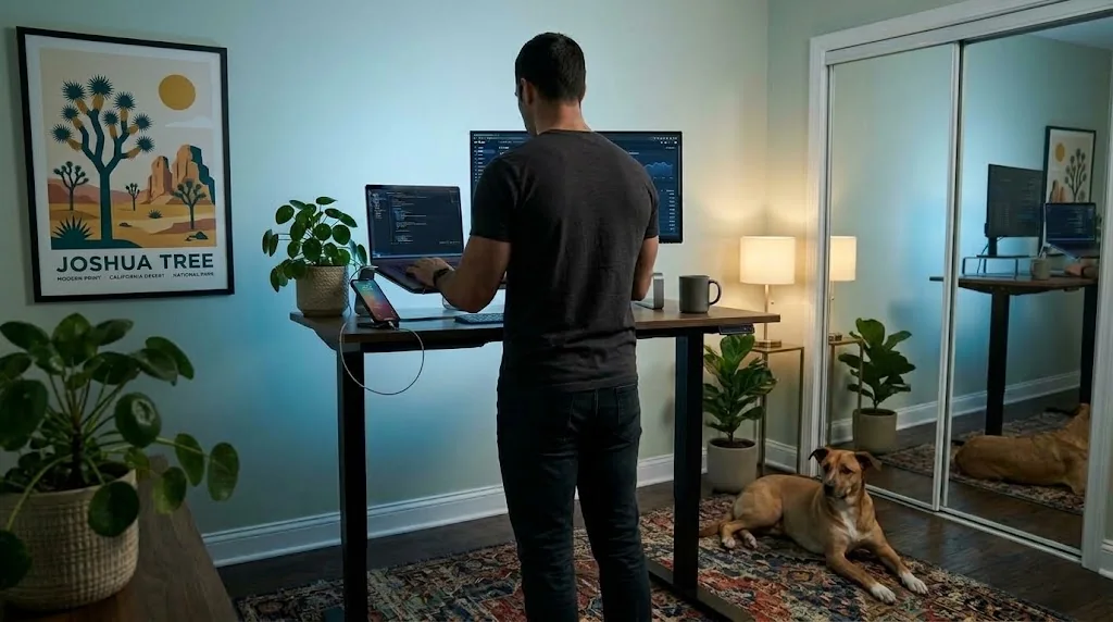 A man standing at a desk late at night working across a laptop and a monitor, lit by the screens and a warm corner lamp, a tan dog lying on the rug beside him.