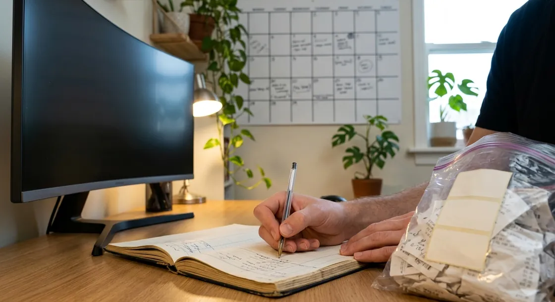 Close view of a hand writing in a bound paper ledger at a wooden desk, beside a monitor and a clear bag of folded paper receipts, with a wall calendar and houseplants behind.
