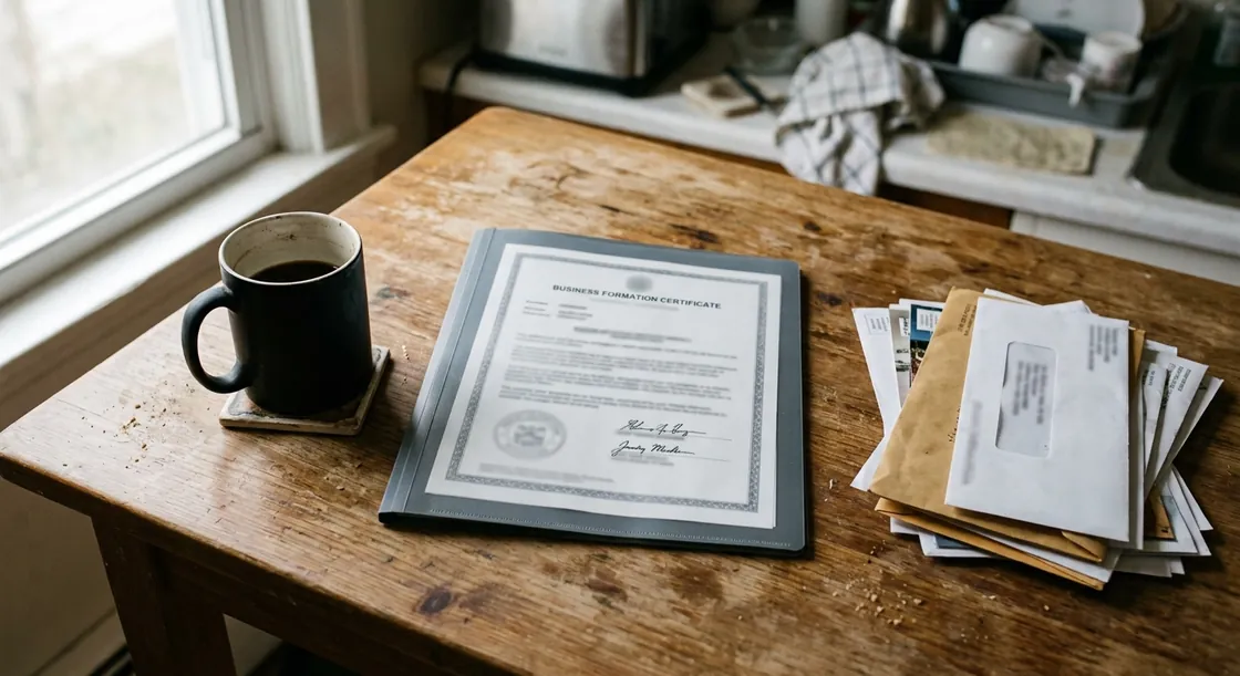 Overhead view of a kitchen table with a business formation certificate in a plain gray folder, a mug of black coffee on a coaster, and a stack of unopened mail.