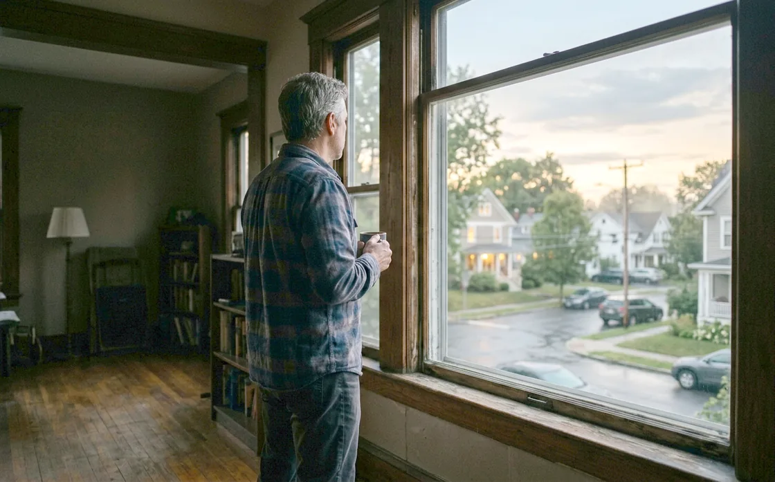 A man in his fifties seen from behind, standing at a large window with a coffee, looking out at a residential street in early morning, the room dark around him.