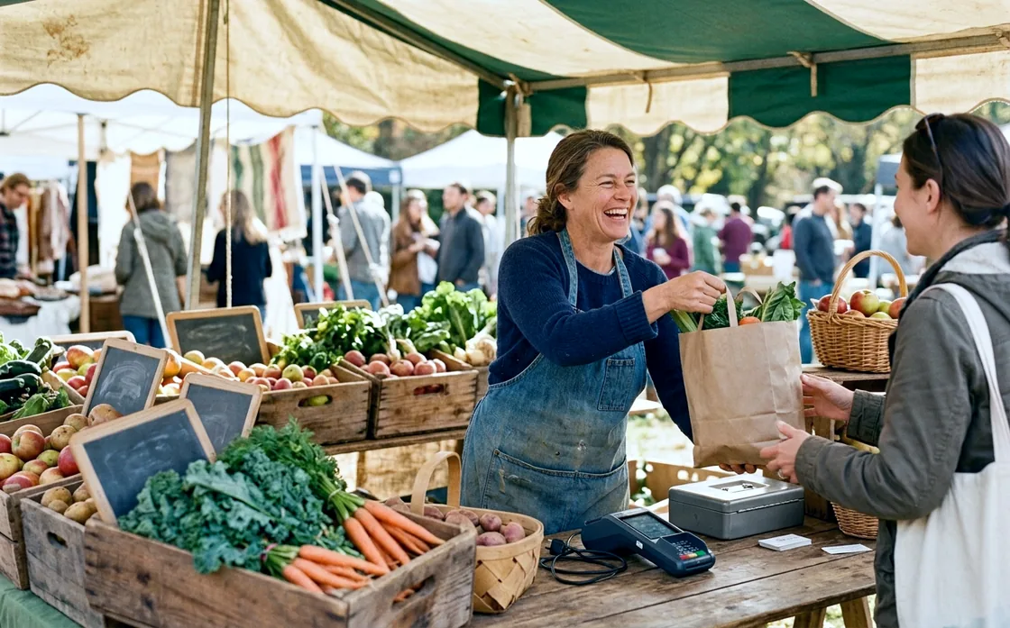 A market trader laughing as she hands a paper bag of vegetables to a customer, a card reader on the table in front of her.