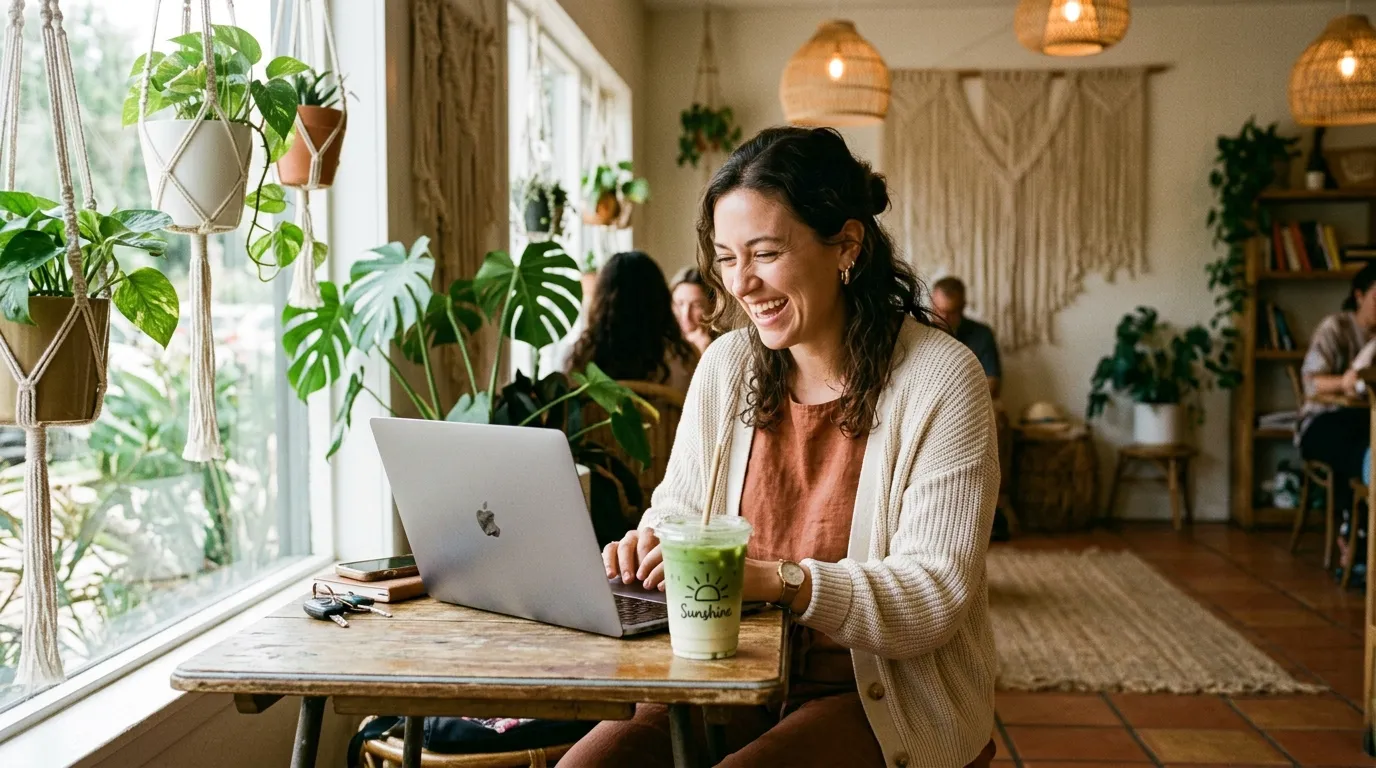 A woman laughing at her laptop in a sunny boho coffee shop, an iced matcha in a Sunshine to-go cup on the table in front of her.