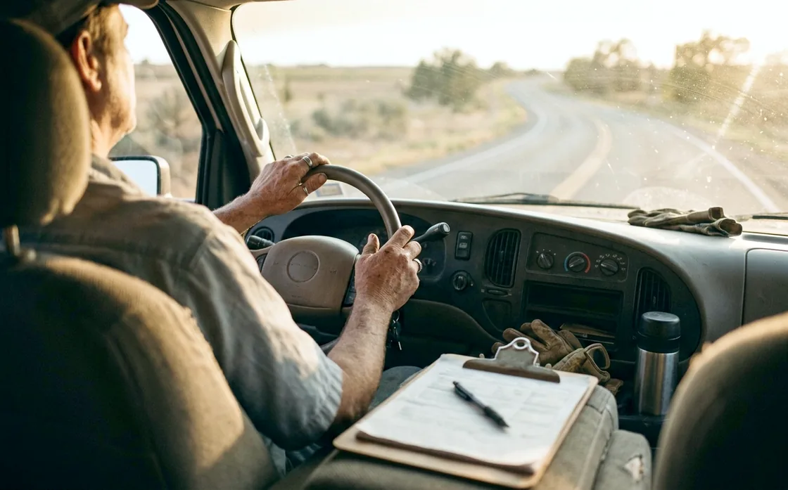View from the passenger seat of a work van on a two-lane road in late afternoon sun, the driver's hands on the wheel and a clipboard on the seat.
