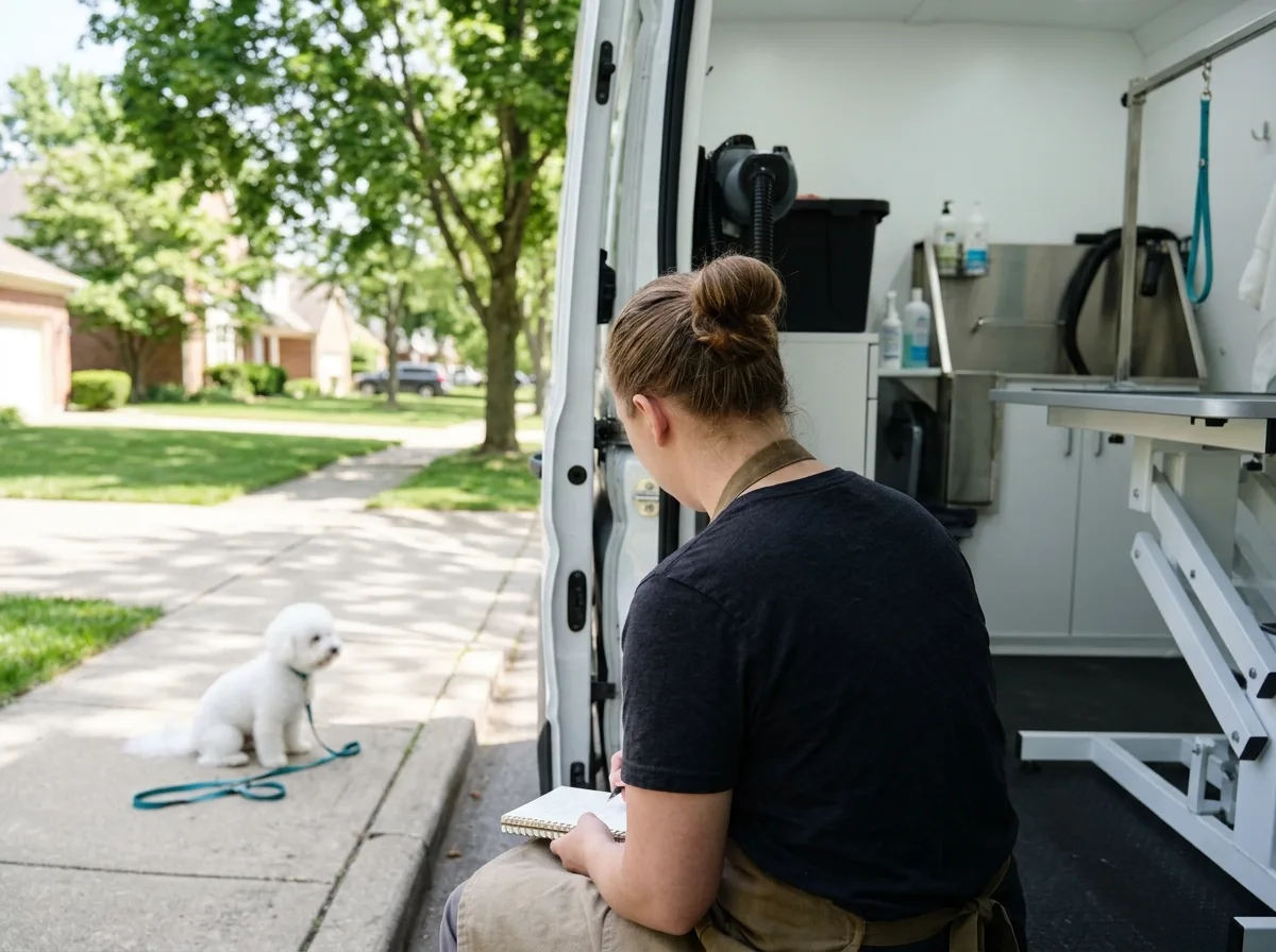 A mobile dog groomer sitting in the open side door of a white grooming van on a sunny suburban street, seen from behind, writing in a notebook on their knee while a small white dog waits on the pavement.