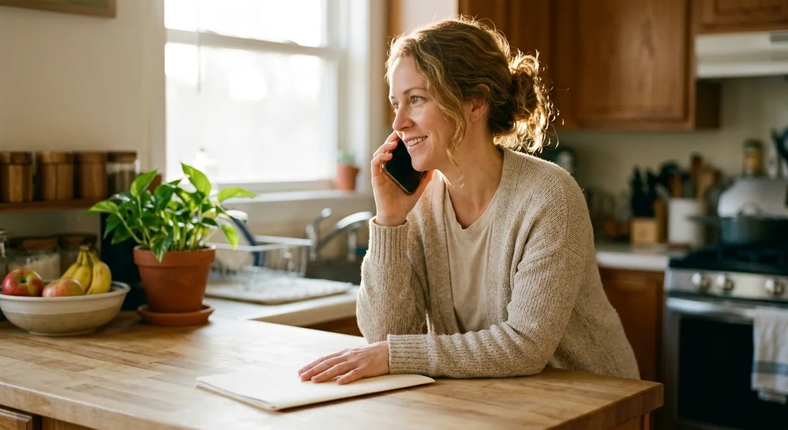 A woman in her late thirties at her kitchen counter, phone to her ear, one hand flat on a closed buff folder, half-smiling as she listens.