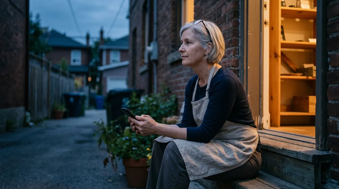 A woman in her fifties with short silver hair sitting on the back step of her small shop at dusk in an apron, phone in hand, looking out thoughtfully.