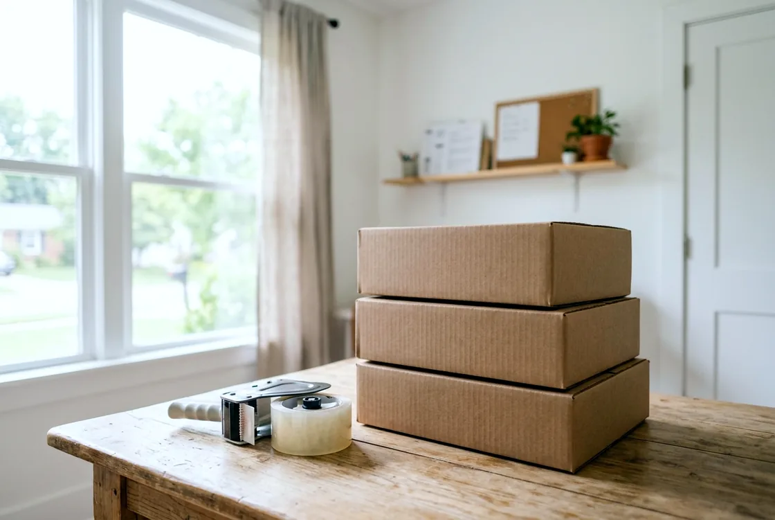 A stack of plain unlabeled cardboard shipping boxes and a roll of packing tape on a wooden table in a bright spare room.