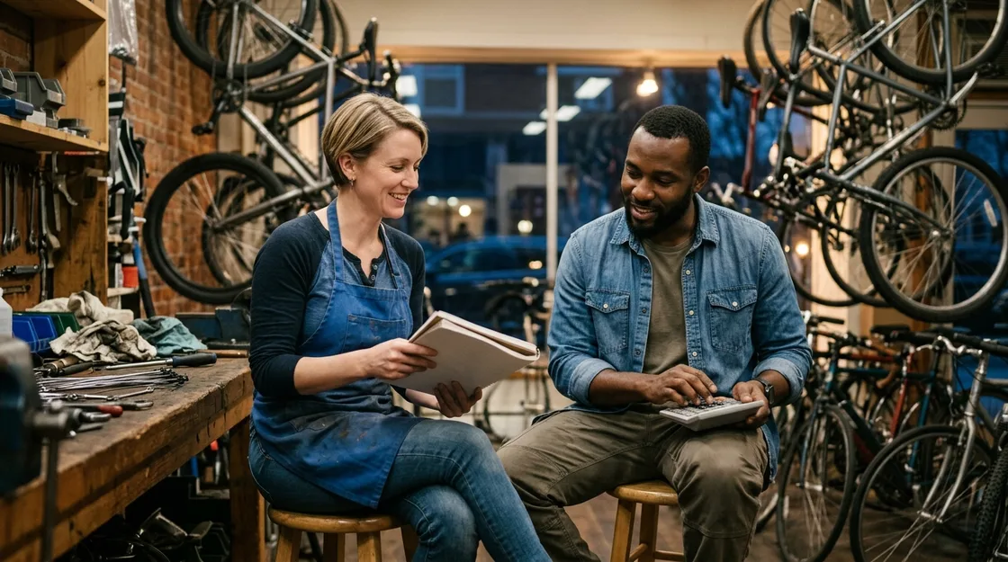 Two business partners in a bike repair shop after closing, a woman in a work apron holding a notebook and a man in a denim shirt using a calculator, both smiling mid-discussion, bicycles hanging behind them.