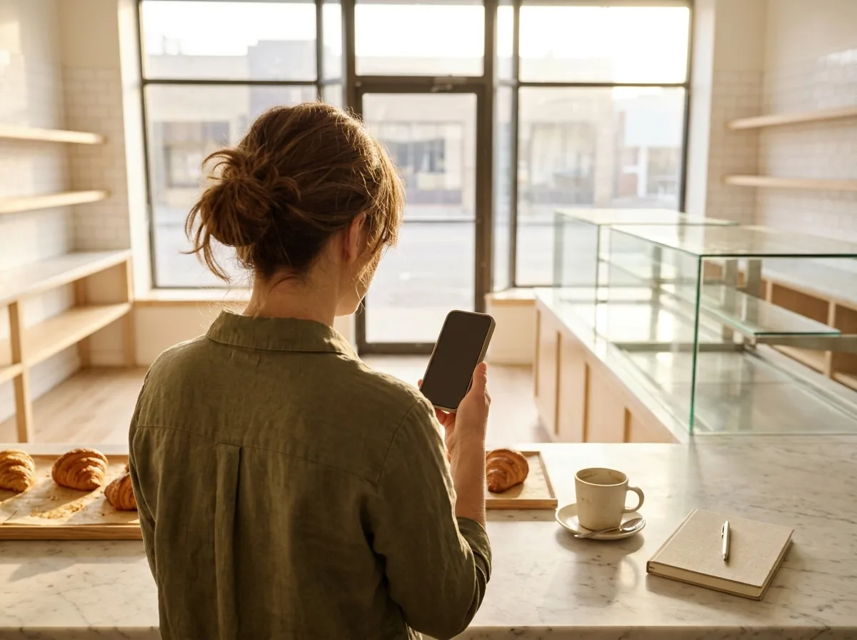 A bakery owner at a sunlit marble counter after closing, seen from behind, checking a phone beside a tray of croissants, a coffee cup and a notebook.