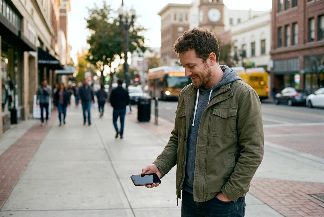 A man on a city sidewalk glancing down at a phone held low at his side, starting to smile.
