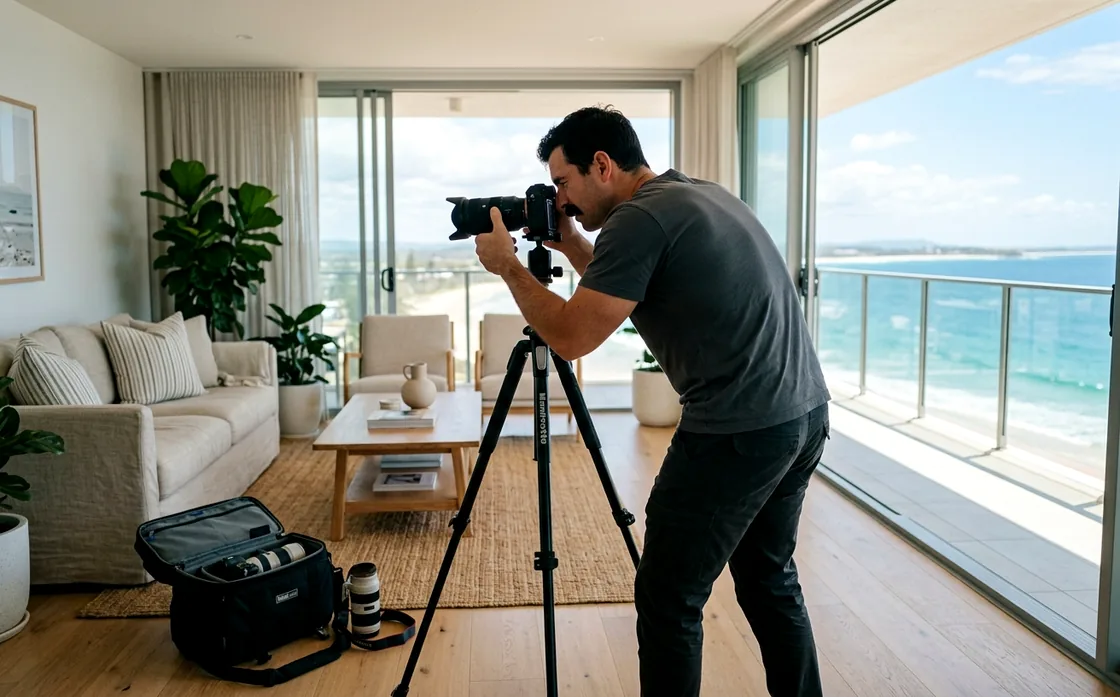 George M. standing behind a camera on a tripod, photographing the living room of a beachfront condominium, ocean visible through open balcony doors.