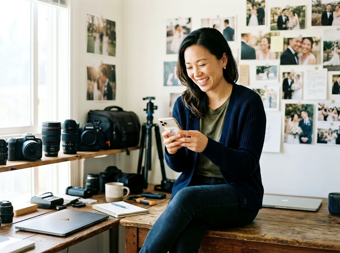 A wedding photographer sitting on the desk in her studio, laughing at something on her phone, with cameras and lenses on the shelf beside her and wedding prints on the wall.