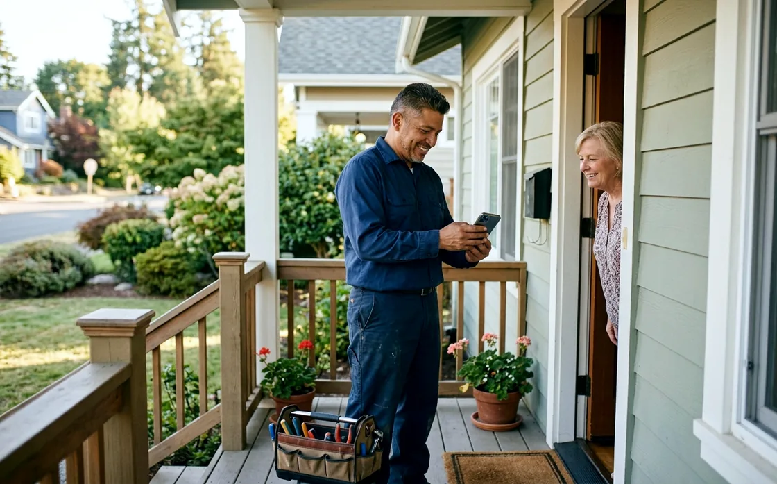 A plumber on a customer's porch showing something on his phone to the homeowner, both smiling.