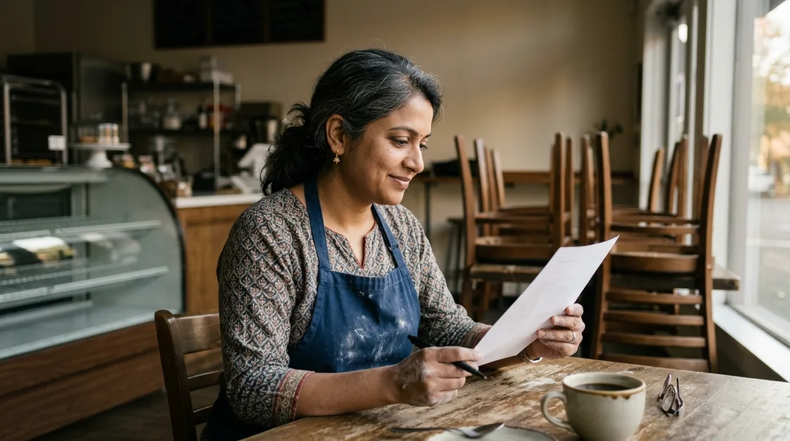 A bakery owner in a flour-dusted apron sitting at a table in her shop after closing, reading a one-page printed statement with a pen in hand and a cup of coffee beside her.