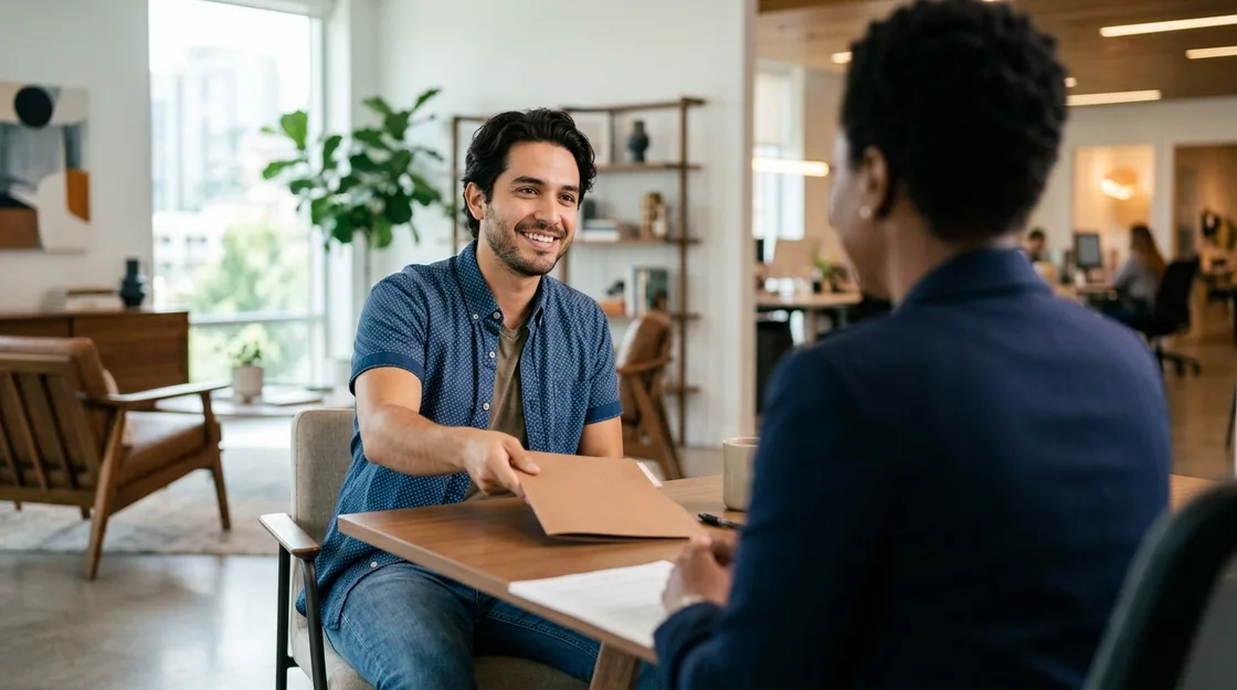 A young freelance designer sitting across a desk from a leasing agent in a bright office, sliding a thin folder of papers toward her with a confident smile.