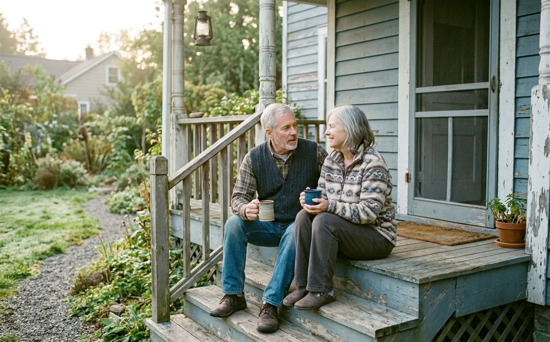 A couple in their early sixties sitting on the front porch steps of a modest wooden house with coffee mugs, talking quietly in early morning light.