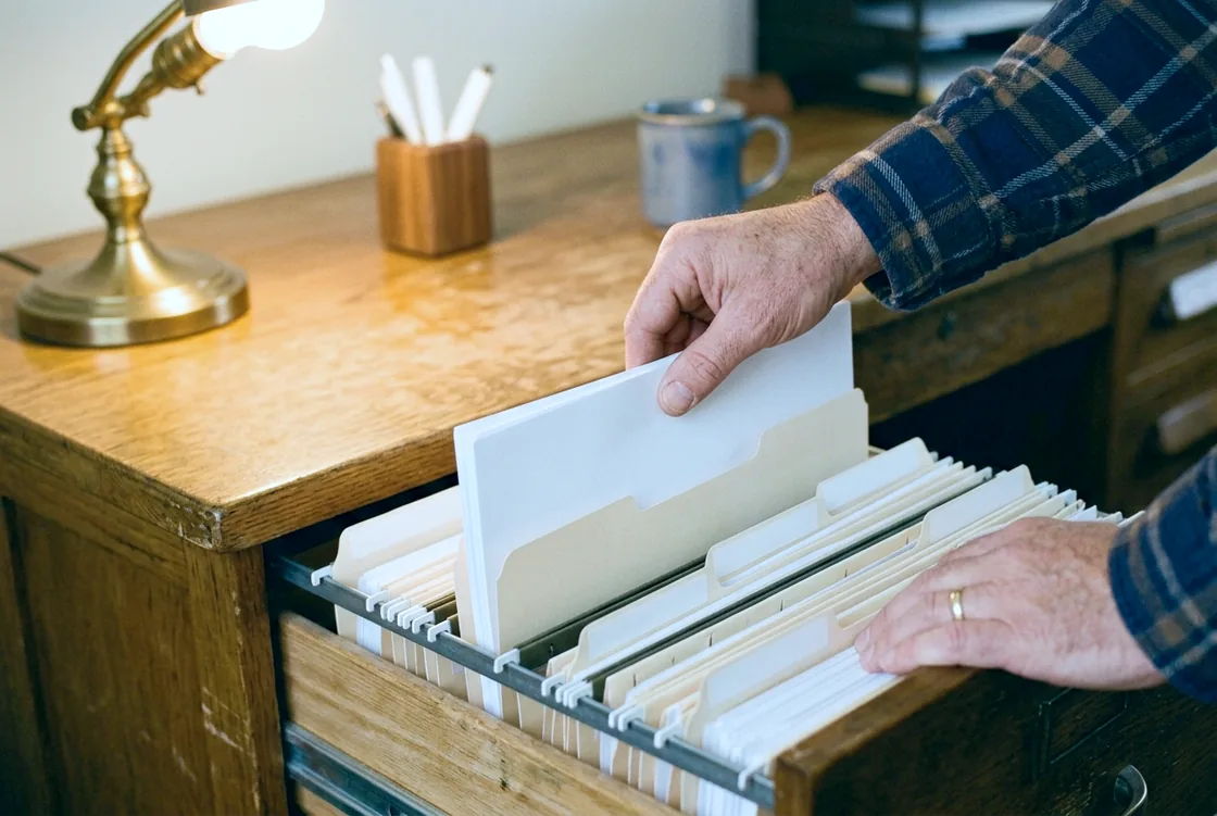 Hands sliding a slim stack of papers into a plain manila folder in an open desk drawer of upright files, lit by a brass desk lamp.