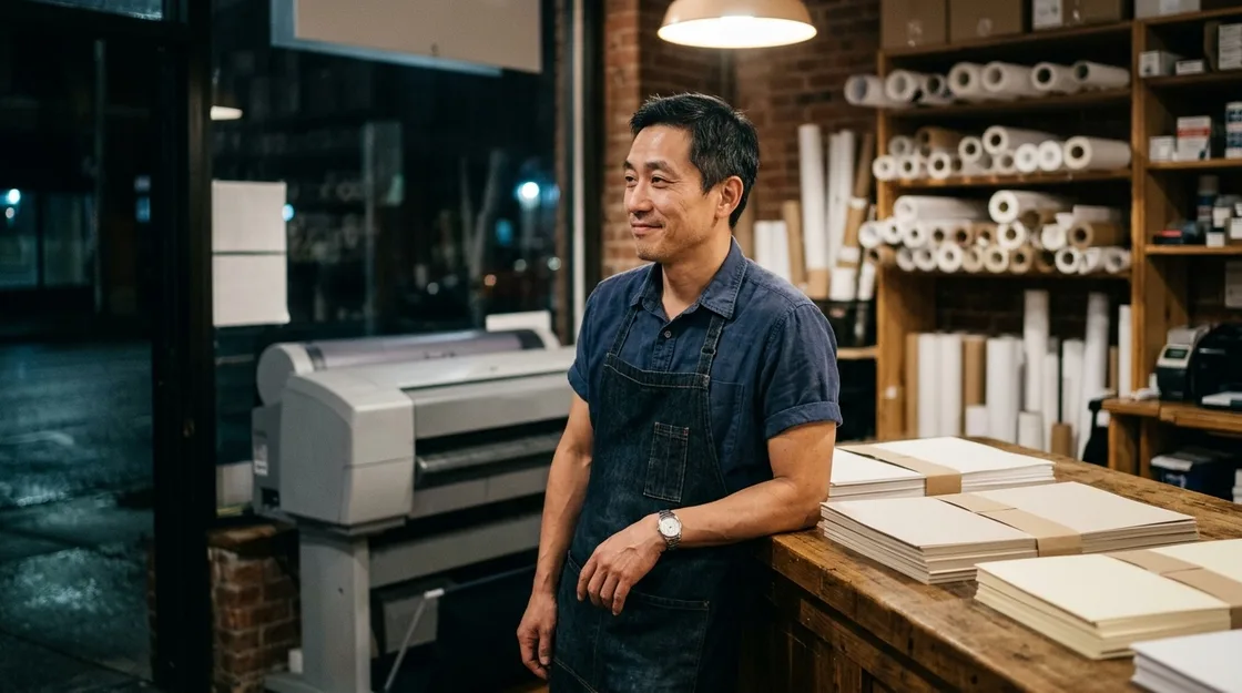 A print shop owner in his forties in a denim apron leaning on the counter of his small shop late in the evening, stacks of paper beside him and a large printer behind, with a relaxed, amused smile.