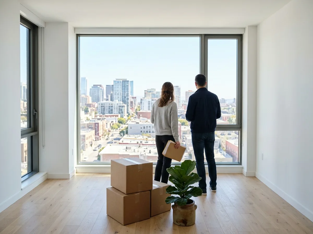 A self-employed couple in a bright, empty new apartment with white walls and wide windows, seen from behind as they look out at the city, one holding a folder of papers, with moving boxes and a potted plant beside them.