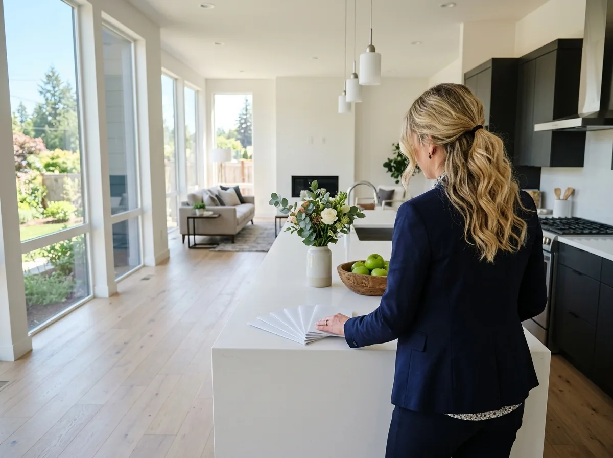 A real estate agent in a bright, empty modern living room with tall windows, seen from behind, fanning out brochures on a white kitchen island beside fresh flowers and a bowl of green apples before an open house.