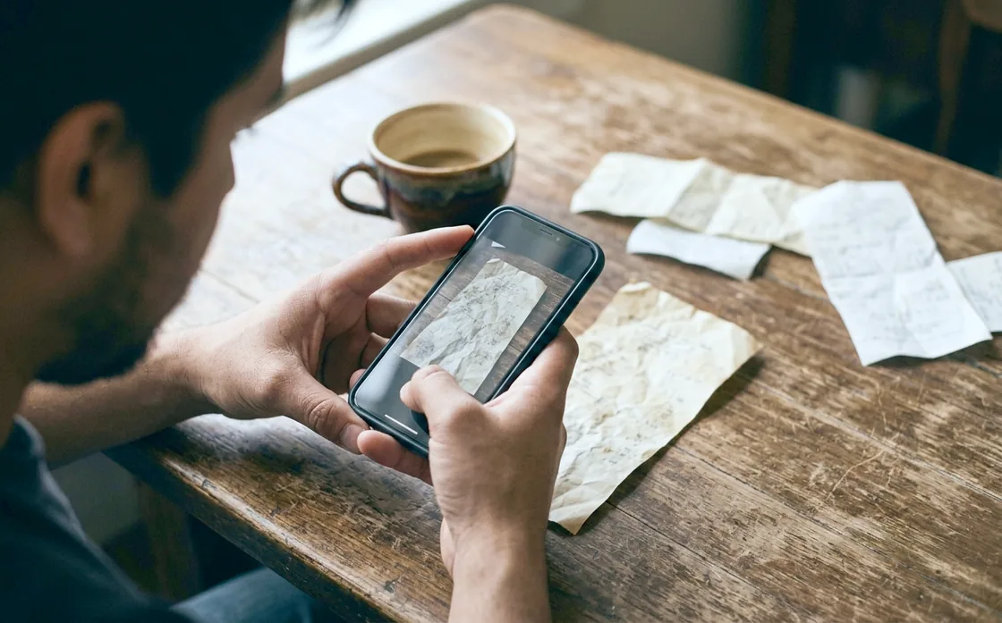Overhead view of hands photographing a crumpled paper receipt with a phone, more receipts spread across a wooden table beside a cup of coffee.