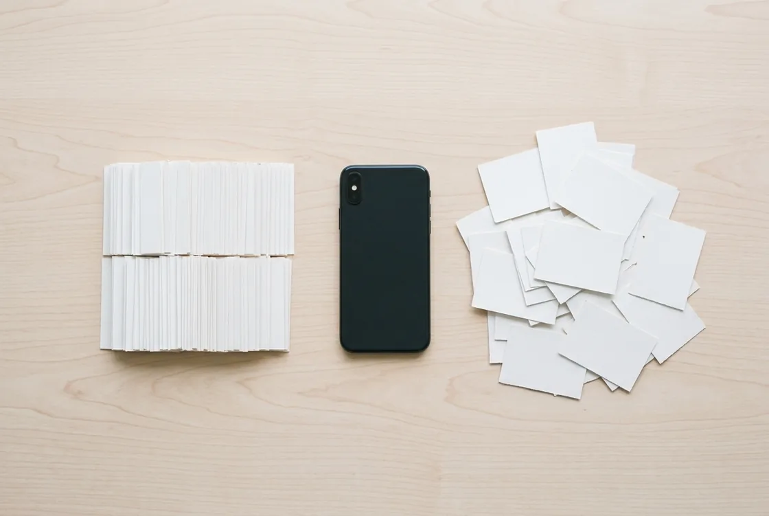 Two piles of small blank paper slips on a pale table, one squared into a neat block and one scattered loose, a phone face down between them, shot from directly above.