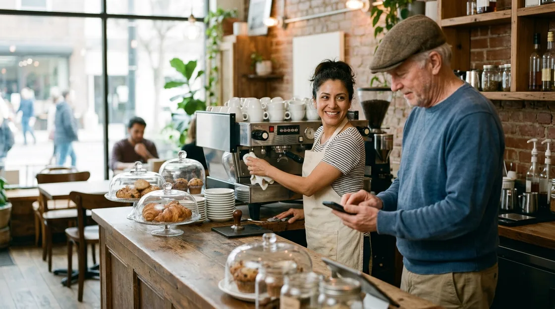 An older man in a flat cap at the counter of a small neighborhood cafe looking at his phone, while the owner behind the counter wipes down the espresso machine and smiles at him.