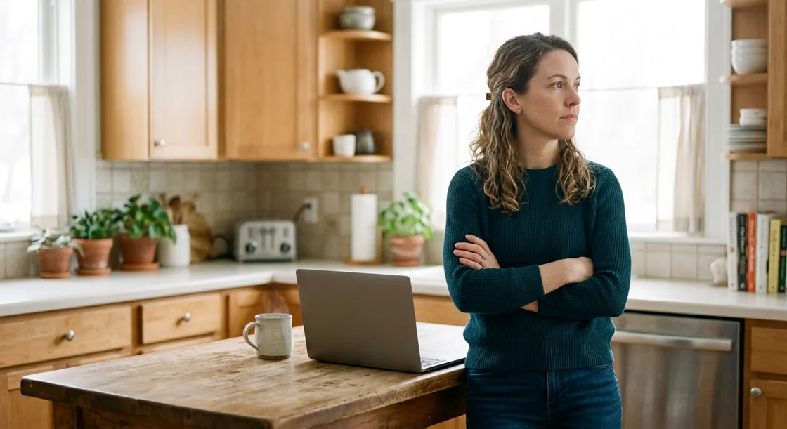 A woman in her late thirties at a kitchen island with a closed laptop and a mug, arms folded, looking off to one side as she thinks something through.