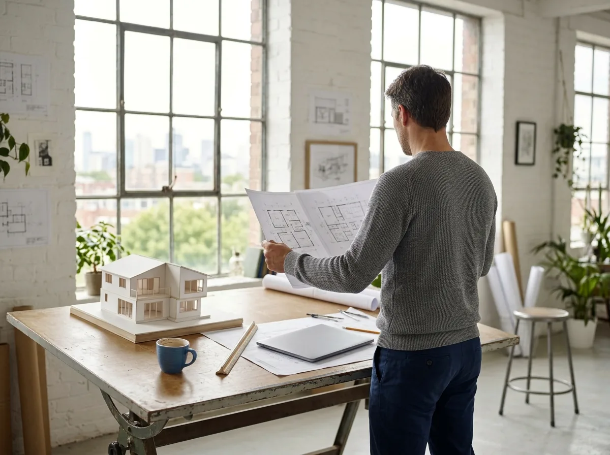 A self-employed architect standing at a drafting table in a bright white-brick loft studio, seen from behind, studying a large printed floor plan beside a white scale model of a house and a blue mug.