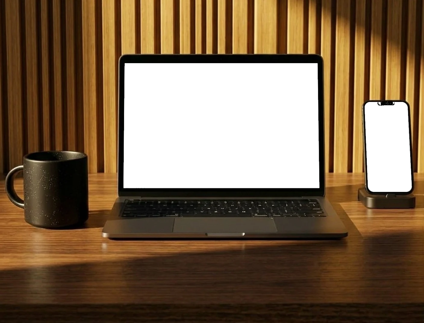 A MacBook and an iPhone on a wooden desk against slatted wood panels in warm afternoon light, beside a speckled black coffee mug — both screens showing BrassWell.