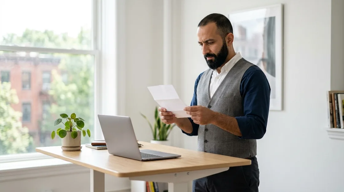 A business owner in his forties with a trimmed beard standing at a standing desk in a bright office, reading a pay stub with a thoughtful, slightly skeptical look.
