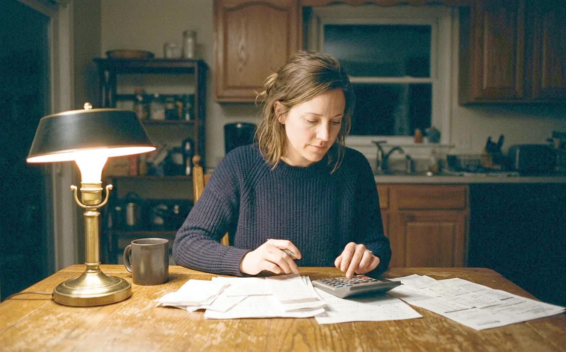 A woman at a kitchen table in the evening, one lamp lit, working through a small stack of papers with a calculator.