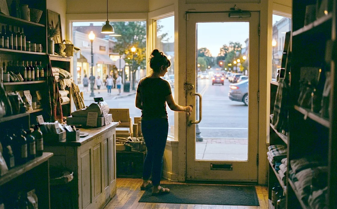 A person seen in silhouette from inside a small shop, turning the lock on the glass door at dusk with the bright street beyond.