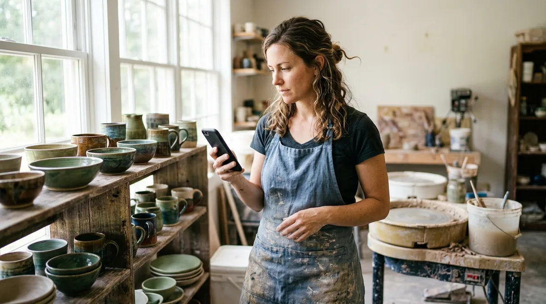 A ceramicist in her thirties alone in her small pottery studio, apron dusted with clay, checking a phone held angled away from the camera beside shelves of glazed bowls, a calm, focused look.