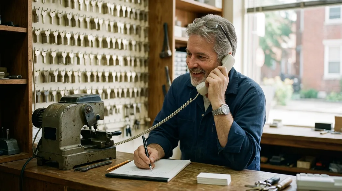 A locksmith in his fifties at the counter of a small shop, talking on a corded phone and writing on a notepad, a key-cutting machine idle beside him and a wall of blank keys behind, smiling mid-conversation.