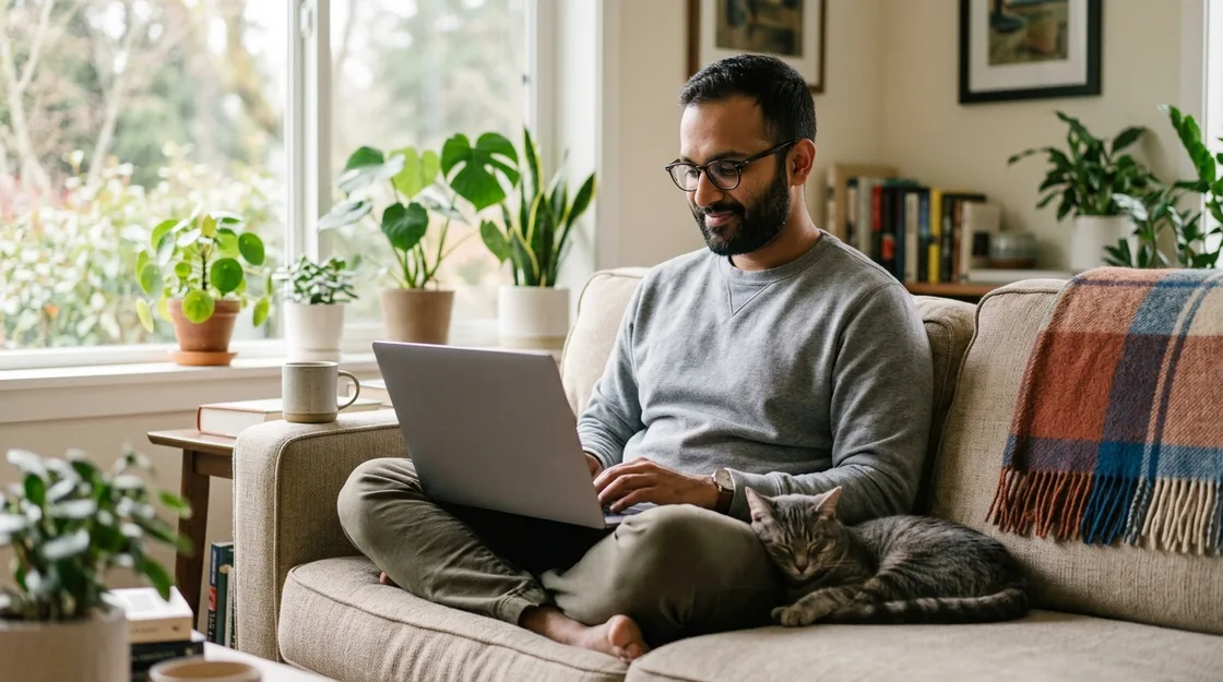 A man in his thirties with a beard and glasses sitting cross-legged on a couch on a Sunday afternoon with a laptop, a tabby cat asleep against his leg, relaxed and smiling.