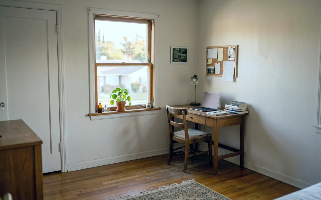 A small desk in the corner of an otherwise empty spare bedroom, chair pushed in, a plant on the windowsill, afternoon light across bare floorboards.