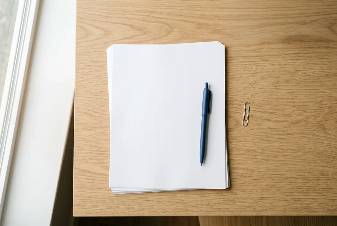 A small stack of blank printed statements squared up on a pale desk, a pen laid across the top sheet and a paper clip beside them, shot from directly above in flat daylight.
